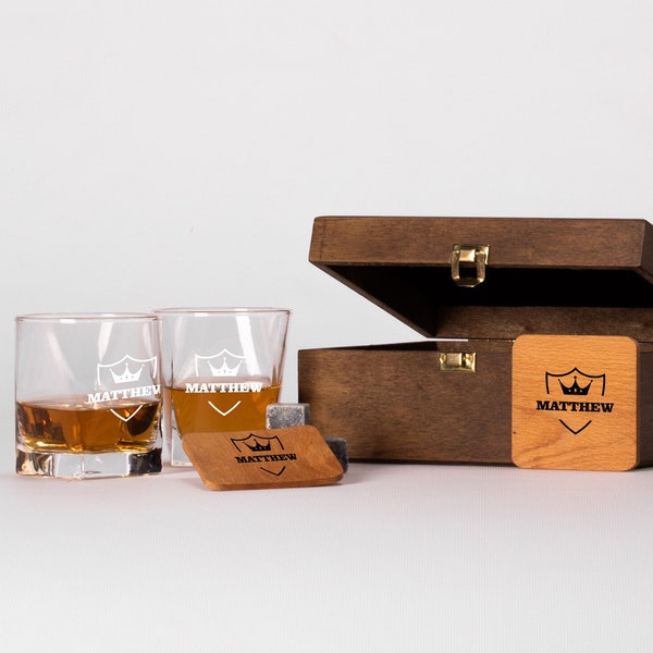 Juego de vasos de whisky personalizado con caja de regalo, juego de artículos de bar, regalo de bodas regalo de jubilación para novios Bourbon Scotch Dad regalos para él