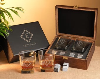 Engraved Whiskey Glasses with Wooden Box, Christmas Gifts for Corporate, Personalized Decanter Set, Custom Whiskey Gift Set for Him,