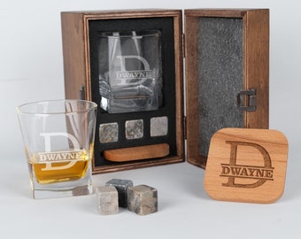 Personalized Whiskey Glass Set with Wooden Box - Engraved Decanter Set - Custom Whisky Gift Set for Him, Wedding Gifts for Couples