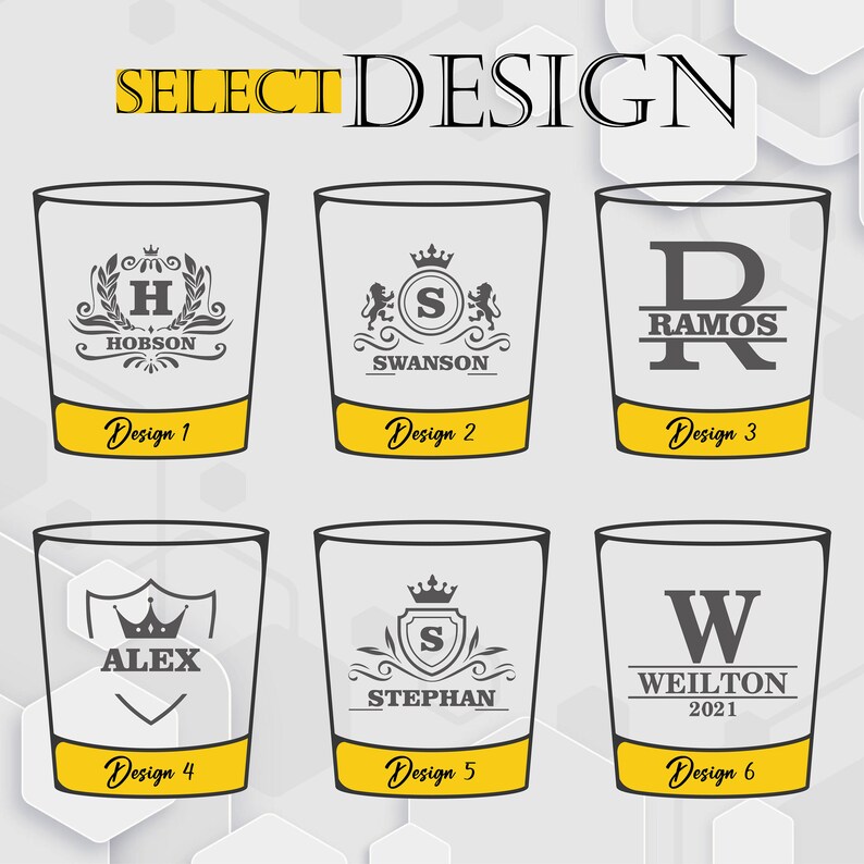 May include: Six different designs for personalized glasses. Each design features a different monogram, name, and decorative element. The glasses are clear with a yellow band at the bottom.