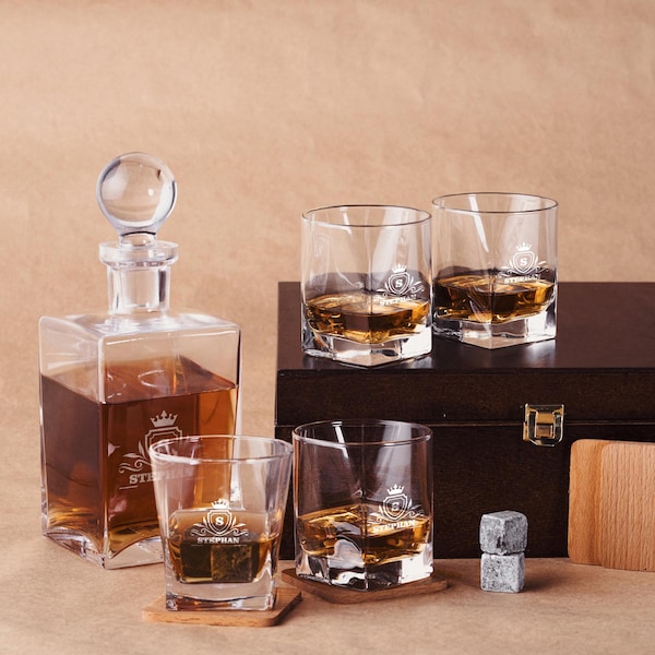 Personalized  Whiskey Decanter Set with Wood Box, Whiskey glasses, Customized Birthday Gift For, 6 Design Options wit 3 Different Box,