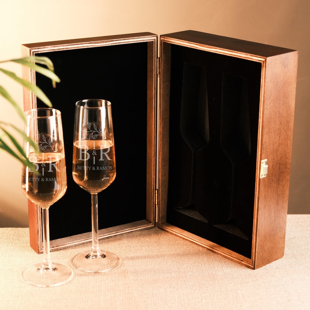 Spectacles Gift Personalized Champagne Glasses Set With Wooden Box – Wedding Toasting ...