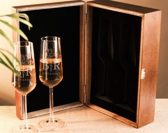 Personalized Champagne Glasses Set with Wooden Box – Wedding Toasting Flutes – Anniversary or Engagement Gift for Couple – Engraved Flutes