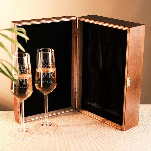 Personalized Champagne Glasses Set with Wooden Box – Wedding Toasting Flutes – Anniversary or Engagement Gift for Couple – Engraved Flutes