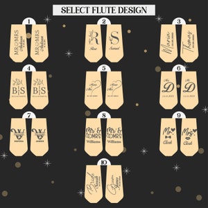 May include: Ten different designs for personalized flute glasses. Each design features a different combination of names, dates, and initials. The designs are displayed on a black background.