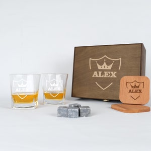 Custom Whiskey Glass Set with Whiskey Stones and Wood Box, Christmas gift, Engraved Scotch Glass, Birthday Gift for Dad image 2