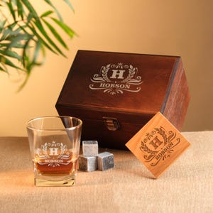 Personalized Groomsman Whiskey Glasses, Custom Engraved Whiskey Gift Set, Wooden Box with Whiskey Stones  Groomsmen Gift, Best Man Gift