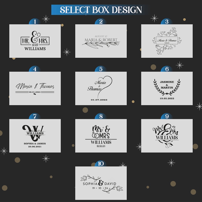 May include: Ten different wedding box designs with various fonts, floral elements, and text including names and dates. The designs are numbered 1 through 10.