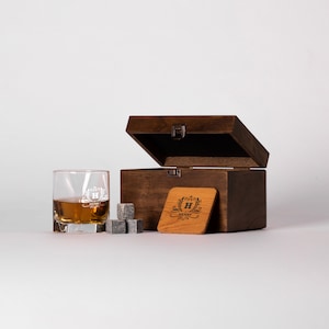 Custom Whiskey Glass Set with Whiskey Stones and Wood Box, Christmas gift, Engraved Scotch Glass, Birthday Gift for Dad image 7