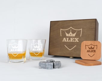 Personalized Whiskey Glass Set with Whiskey Stones and Wood Box, Engraved Scotch Glass, Birthday Gift for Dad, Christmas gift