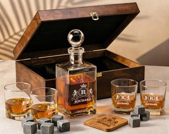 Engraved Whiskey Glasses with Wooden Box, Christmas Gifts for Corporate, Personalized Decanter Set, Custom Whiskey Gift Set for Him,