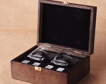 Custom Whiskey Glasses Set with Whiskey Stones and Wood Box, Engraved Scotch Glass, Birthday Gift for Dad, Christmas gift