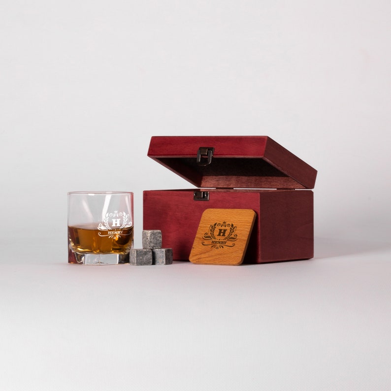 Custom Whiskey Glass Set with Whiskey Stones and Wood Box, Christmas gift, Engraved Scotch Glass, Birthday Gift for Dad image 8