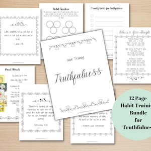 Puede incluir: Un paquete de entrenamiento de hábitos de 12 páginas imprimibles para la veracidad. El paquete incluye un rastreador de hábitos, objetivos familiares para la veracidad, una lista de lectura en voz alta, un versículo de las Escrituras y un poema de reflexión. El paquete es en blanco y negro.