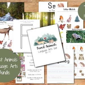 May include: A printable forest animals language arts unit for ages 3-10. The unit includes 70 pages of activities, such as color matching, writing prompts, and tracing letters. The cover features a watercolor illustration of a fox and a raccoon in a forest setting.