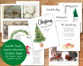 May include: A printable homeschool Christmas bundle with a watercolor illustration of a Christmas tree, poems, songs, and art. The bundle includes printable pages with text about Christmas traditions, including "The Joy of Giving" and "Christmas Eve".