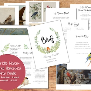 May include: A printable homeschool curriculum bundle featuring a variety of bird-themed activities, including poems, hymns, scripture, and art. The bundle includes a title page with a watercolor illustration of a bird in a wreath, and several pages with text and images of birds.