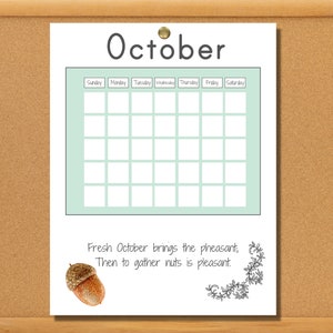 May include: A printable calendar for October with a light green background and a grid of squares for each day of the month. The days of the week are listed at the top. The calendar has a quote about October: "Fresh October brings the pheasant; Then to gather nuts is pleasant."