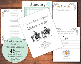 May include: A printable set of 45 pages of Charlotte Mason inspired calendar lessons for ages 4-10. The pages include poetry, rhymes, calendar practice, and copy work. The image shows a sample page with a poem about April, a calendar grid, and a handwriting practice sheet.