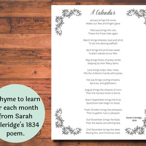 May include: A black and white illustration of a calendar poem by Sarah Coleridge, written in 1834. The poem describes each month of the year with a rhyming couplet.