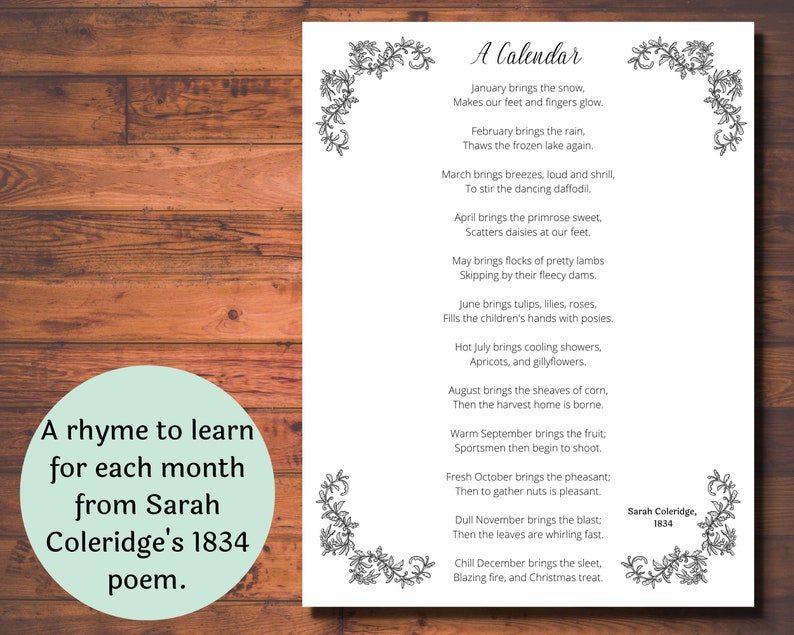 May include: A black and white illustration of a calendar poem by Sarah Coleridge, written in 1834. The poem describes each month of the year with a rhyming couplet.