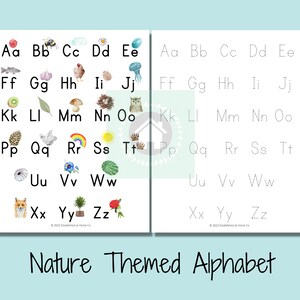 May include: A printable worksheet for learning the alphabet with nature-themed illustrations. Each letter of the alphabet is paired with a picture, such as a bee for B, a kiwi for K, and a fox for X. The worksheet includes dotted lines for tracing the letters.