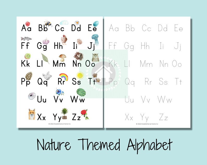 May include: A printable worksheet for learning the alphabet with nature-themed illustrations. Each letter of the alphabet is paired with a picture, such as a bee for B, a kiwi for K, and a fox for X. The worksheet includes dotted lines for tracing the letters.