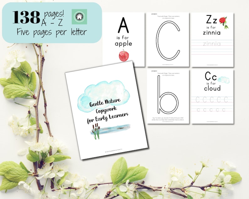 May include: A set of printable alphabet worksheets for early learners. The worksheets feature a watercolor illustration of a cloud, an apple, a flower, and a cloud. Each worksheet includes the letter, the word for the image, and lines for tracing the letter.