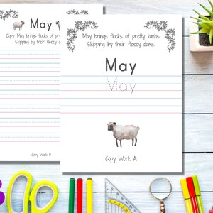 May include: A printable worksheet for kids to practice writing the word "May". The worksheet features a cute illustration of a lamb and the text "May brings flocks of pretty lambs skipping by their fleecy dams."