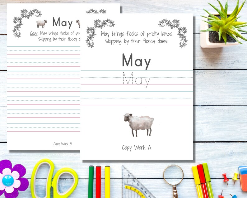 May include: A printable worksheet for kids to practice writing the word "May". The worksheet features a cute illustration of a lamb and the text "May brings flocks of pretty lambs skipping by their fleecy dams."