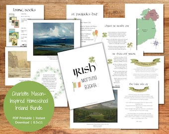May include: A printable homeschool bundle for learning about Ireland. The bundle includes a variety of resources, such as poems, songs, and artwork. The cover features a green shamrock and the text "Irish Morning Basket".