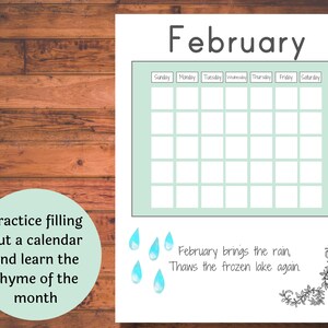 May include: A printable February calendar with a light green background and a rhyme about the month: "February brings the rain, Thaws the frozen lake again."