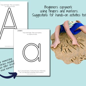 May include: Black and white printable worksheet for learning the letter A. The worksheet includes a capital A and a lowercase a. The worksheet also includes tips for memorizing writing strokes and a suggestion to say "a, around, down, a" every time your child writes the letter a to help them remember how to write it. The worksheet is titled "Copywork" and includes the text "Trace with finger. Then use markers or crayons to trace."
