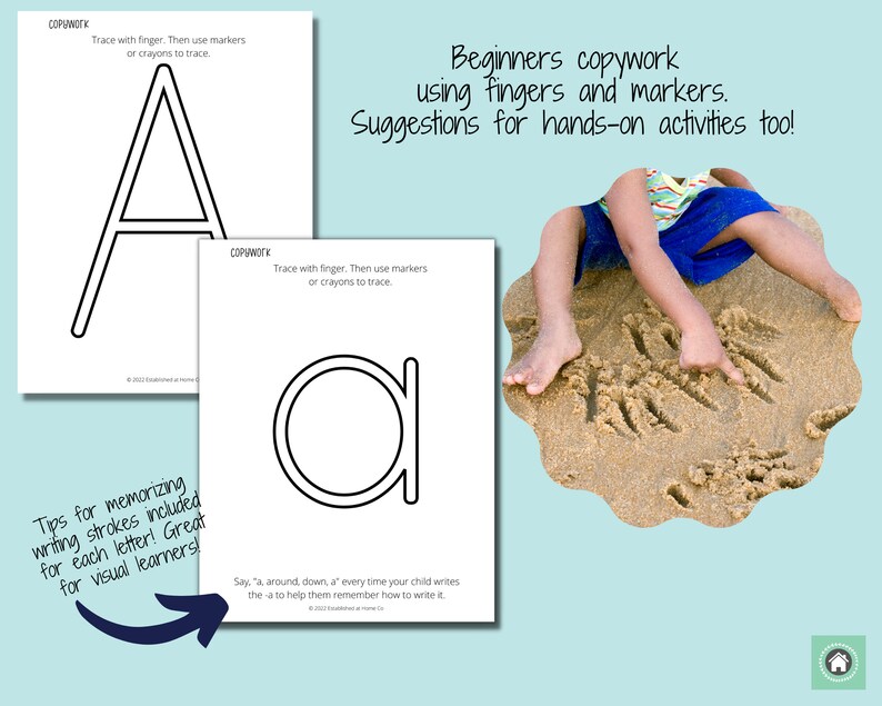 May include: Black and white printable worksheet for learning the letter A. The worksheet includes a capital A and a lowercase a. The worksheet also includes tips for memorizing writing strokes and a suggestion to say "a, around, down, a" every time your child writes the letter a to help them remember how to write it. The worksheet is titled "Copywork" and includes the text "Trace with finger. Then use markers or crayons to trace."