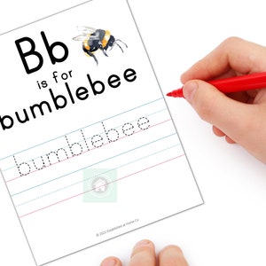 May include: A printable worksheet for learning the letter B. The worksheet features a picture of a bumblebee and the text "Bb is for bumblebee". There are dotted lines for tracing the word "bumblebee".