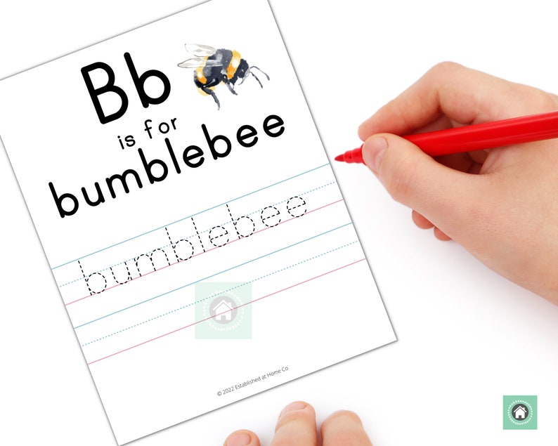 May include: A printable worksheet for learning the letter B. The worksheet features a picture of a bumblebee and the text "Bb is for bumblebee". There are dotted lines for tracing the word "bumblebee".