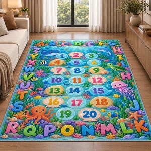 Ocean Alphabet Numbers Rug, ABC 123 Learning Carpet, Kids Under the Sea Playroom Mat