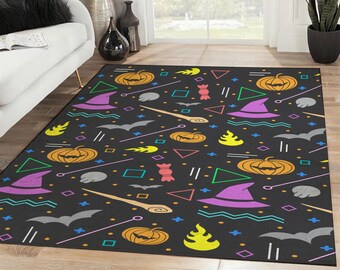 Colorful Halloween Motifs Area Rectangle Rug, Halloween Carpet, Holiday Gifts, Rugs For Living Room, Home Decor Rug