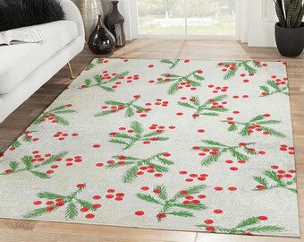 Christmas Holly Pattern Rectangle Rug, Merry Christmas Area Rug, Christmas Decor, Christmas Gift, Xmas Carpet, Home Decor Rug, Vintage Rug