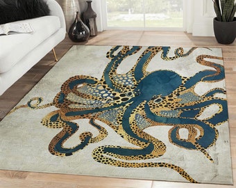 Octopus Ocean Area Rug, Octopus Ocean Carpet, Rugs For Living Room, Kids Room Decoration, Home Decor Rug