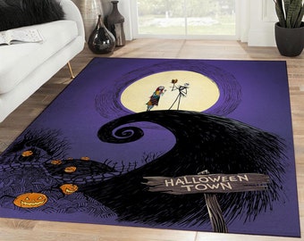 Nightmare Before Christmas Rug, Jack And Sally Rug, Halloween Town Rectangle Rug, Halloween Decorations, Horror Rug, Home Decor Rug