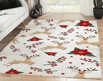 Reindeer Christmas Pattern Rug, Merry Christmas Area Rug, Christmas Decor, Christmas Gift, Xmas Carpet, Home Decor Rug, Vintage Rug
