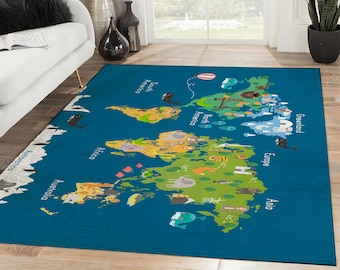 World Map Rectangle Rug,  World Map For Kids Area Rug, Nursery Decor, Kids Rug, Vintage Rug, Rugs For Living Room, Home Decor Rug