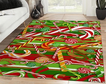 Christmas Candy Cane Pattern Area Rug, Merry Christmas Rectangle Rug, Christmas Decoration, Christmas Gift, Xmas Carpet, Home Decor Rug