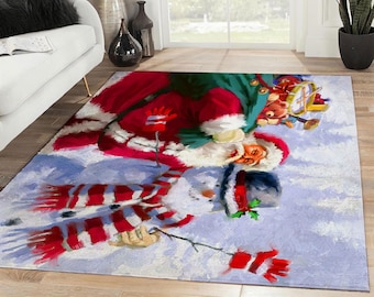 Christmas Santa Claus And Snowman Area Rug, Christmas Rectangle Rug, Christmas Gift, Xmas Carpet, Rugs For Living Room, Home Decor Rug