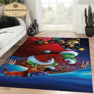 Grinch Santa Christmas Area Rug, Grinch Christmas Holiday Rug, Christmas Decoration, Christmas Gift, Xmas Carpet