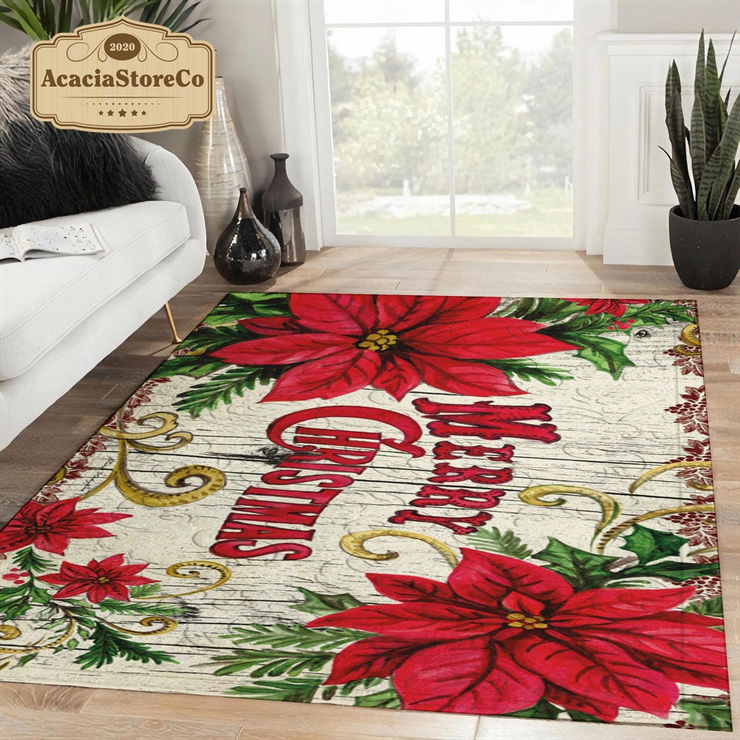 Merry Christmas Flower Pattern Area Rug, Christmas Rectangle Rug ...