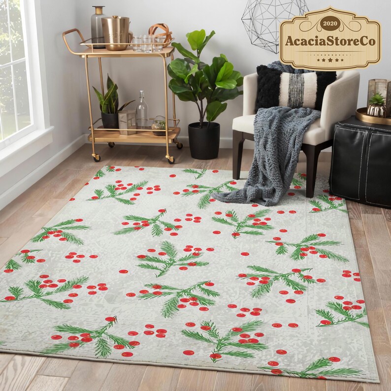 Ornament Pattern Rug Christmas Holly Pattern Rectangle Rug, Merry Christmas Area Rug ...