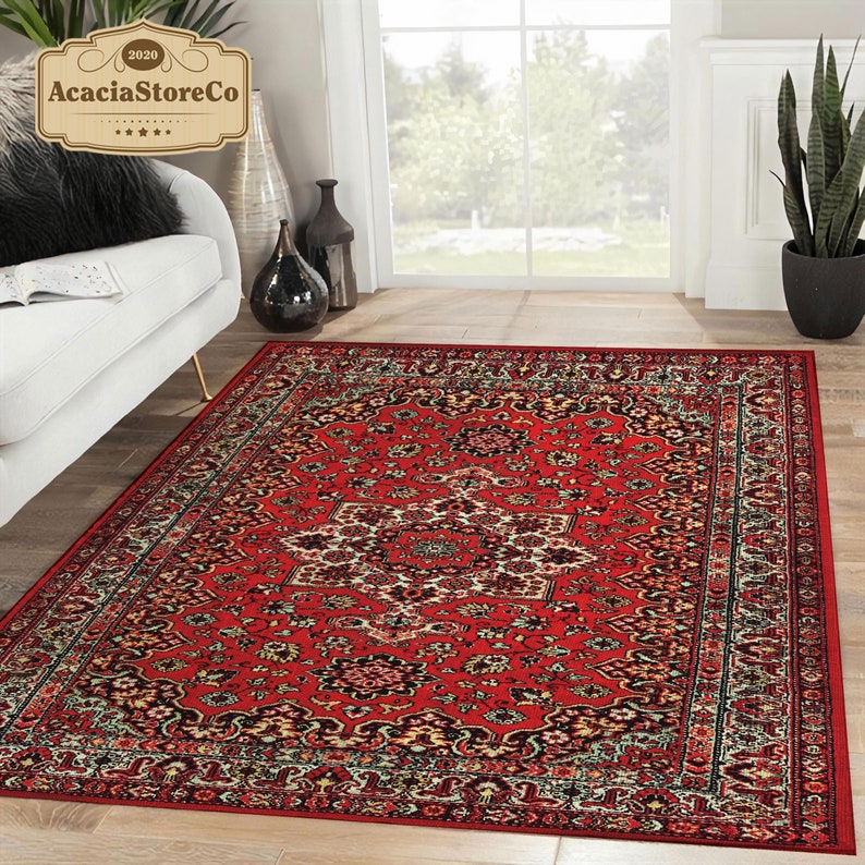 Red Pattern Lounge Rug Retro Red Persian Area Rectangle Rug, Retro Red Persian Carpet, Large ...