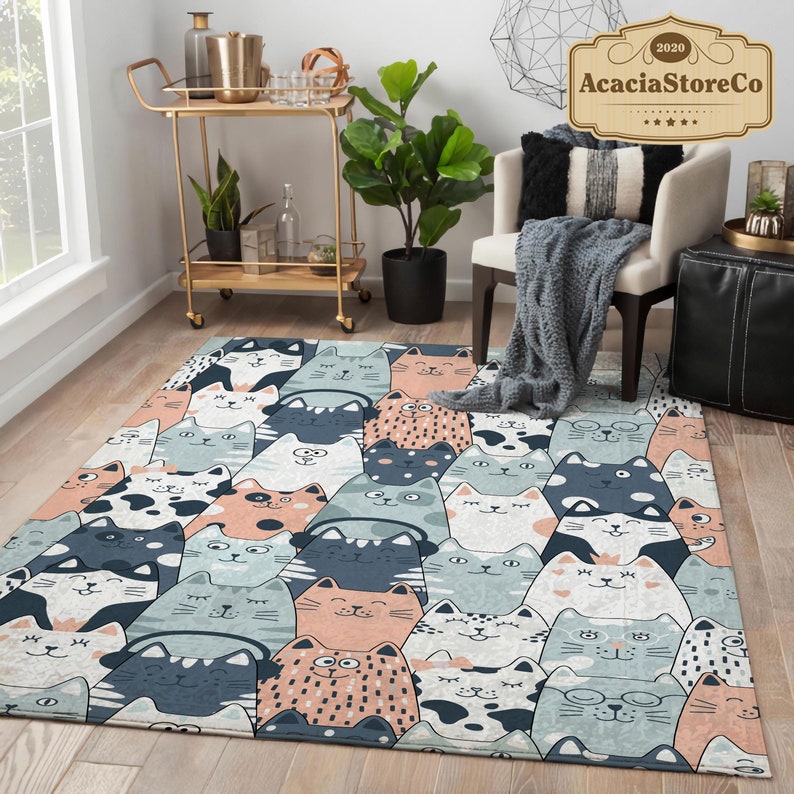 Cat Loop Rug Cute Cats Pattern Area Rectangle Rug, Cats Carpet, Large Vintage Rug ...